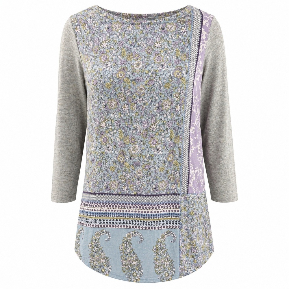 J. Jill XS Gray Purple Floral Mixed Print Top Boho 3/4 Sleeve Rayon Paisley Chic